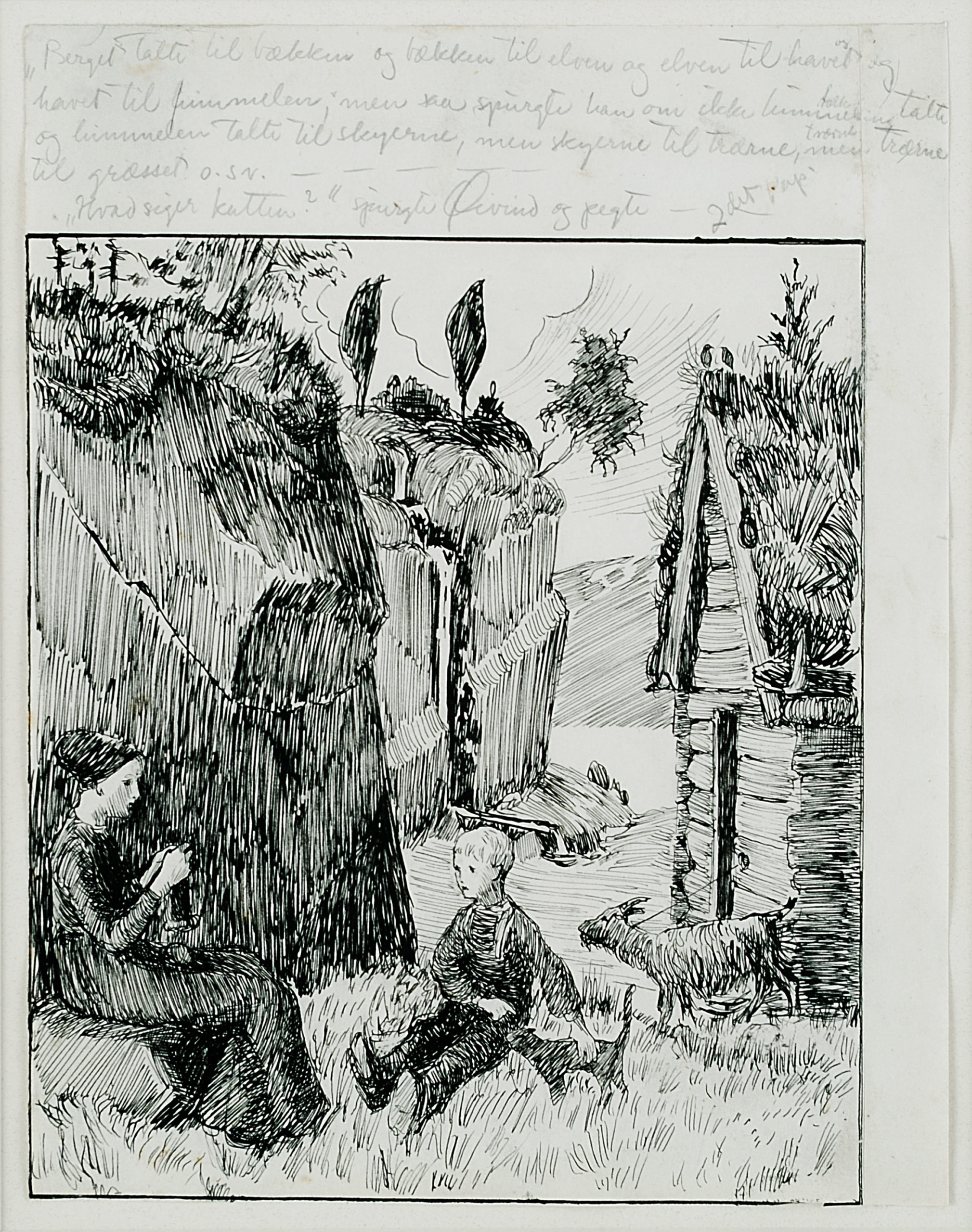 Bj. Bjørnson, scene fra En glad gut: Berget talte til bækken …